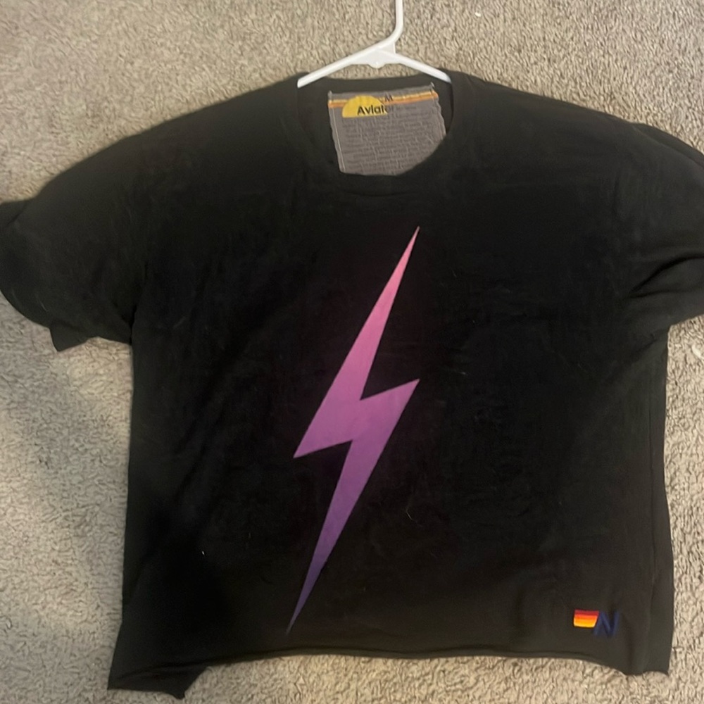 Aviator Nation Black Tee with Purple Lightning Bolt